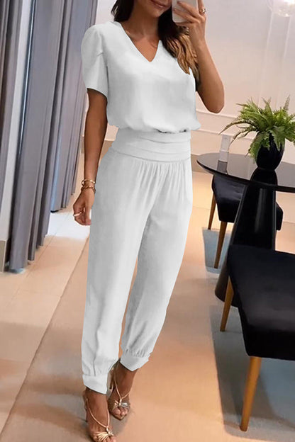 Conjunto de top con mangas abullonadas y pantalón de cintura alta con bolsillos y puños Jemma