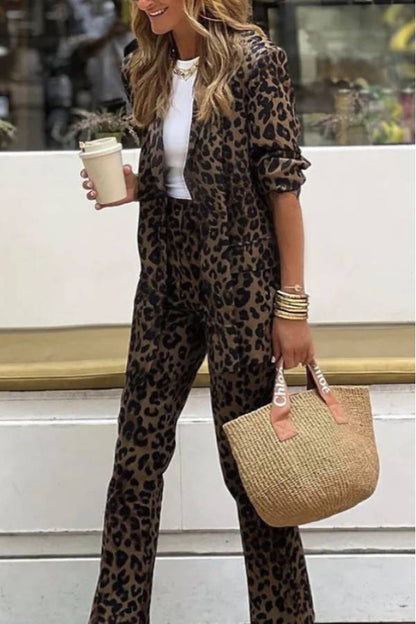 Conjunto de blazer con solapa relajada y pantalón con cintura elástica y bolsillo de leopardo con personalidad salvaje