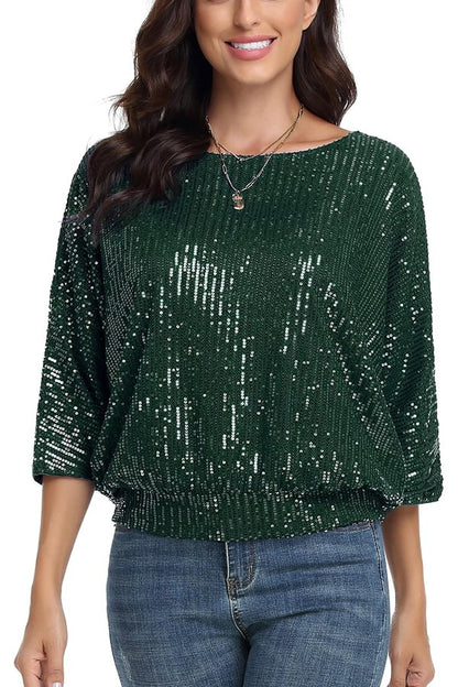 Top casual holgado de cuello redondo con lentejuelas de color liso