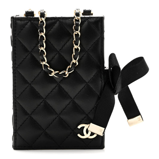 Lambskin Quilted Book Card Holder on Chain Black