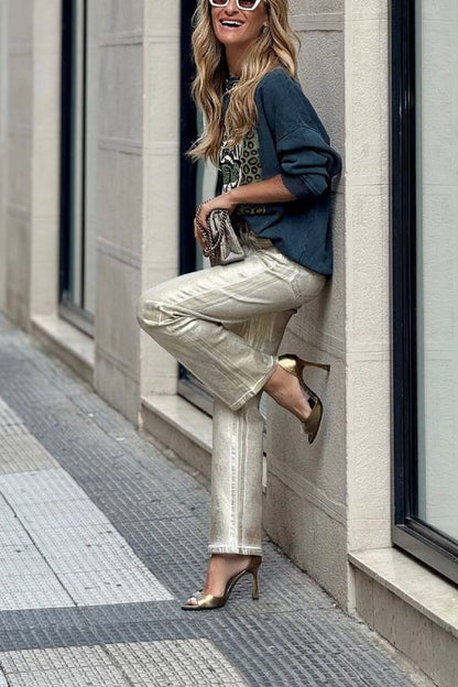 Pantalones anchos con bolsillos sueltos, estilo retro, rectos y plateados