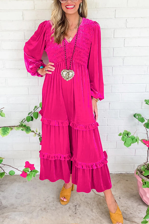 Vestido de terciopelo de manga larga con escote en V fruncido en rojo rosa