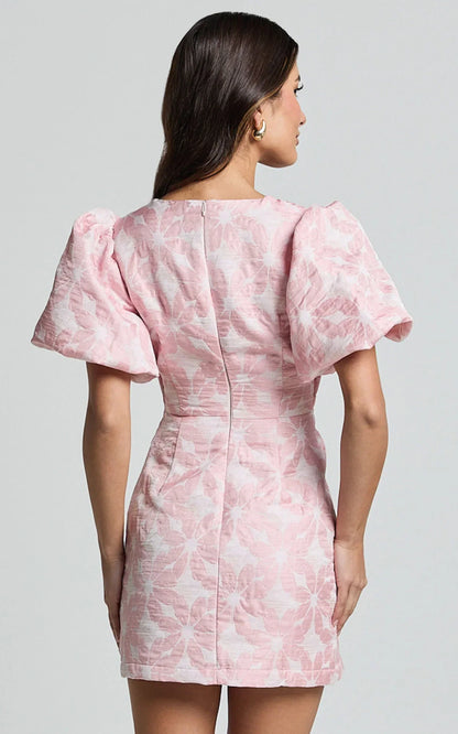 Diana Mini Dress - Jacquard Short Sleeve Cut Out Dress in Light Pink