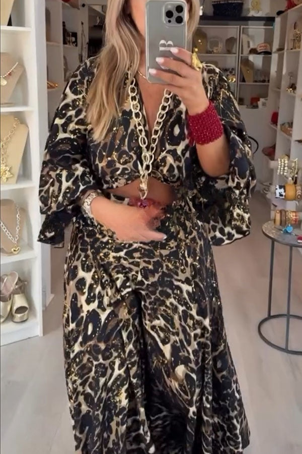 Conjunto de top con mangas abullonadas y estampado de leopardo dorado y pantalones acampanados extragrandes con cintura elástica y tiro alto