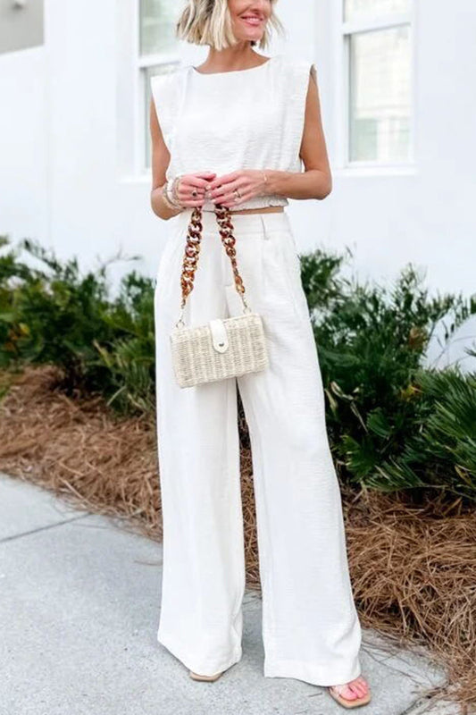 Conjunto de top corto de mezcla de lino y pantalón con bolsillos y cintura elástica de Chic Wear Tooptions