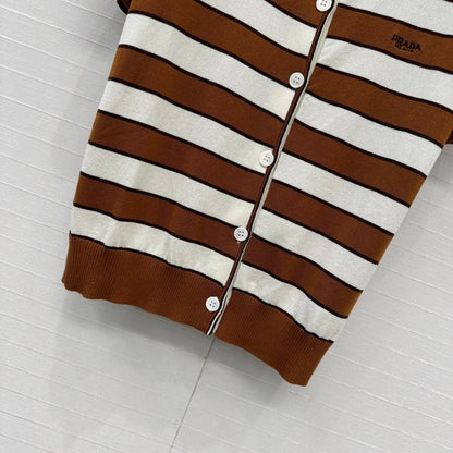 Prada 25 Striped Short-sleeved Knitted Cardigan Brown white Cotton