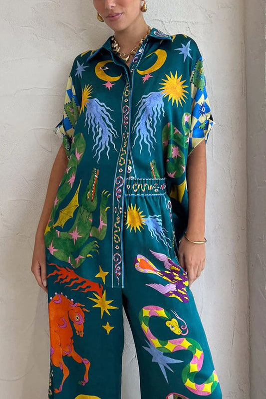 Blusa extragrande con botones y estampado único de mezcla de lino con estilo playero