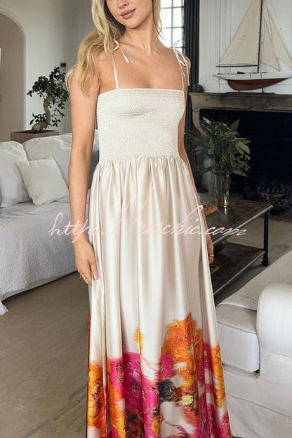 Hidden Garden Satin Floral Print Smocked Tie-up Shoulder Maxi Dress