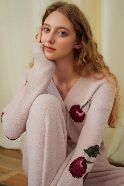 Soft Half Velvet Cherry Cardigan Pajama Set