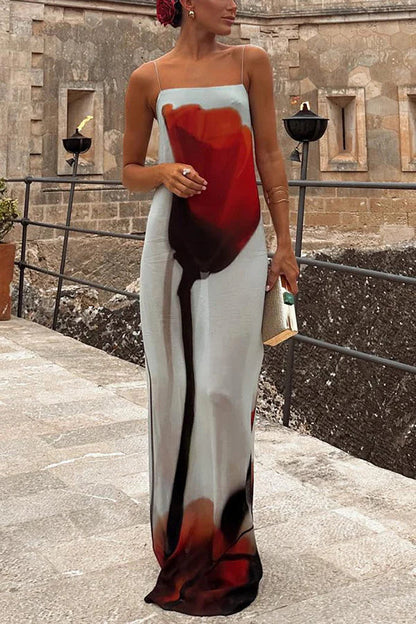 Vestido largo de vacaciones con corte en H y estampado abstracto de tulipanes de temporada