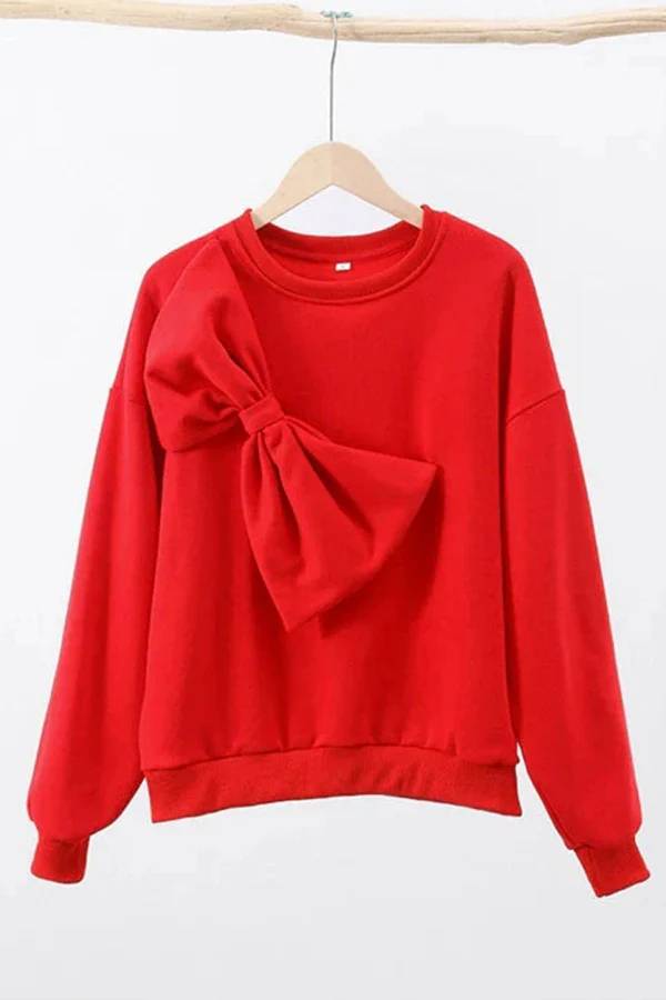 Sudadera holgada de color liso con cuello redondo, manga larga y lazo