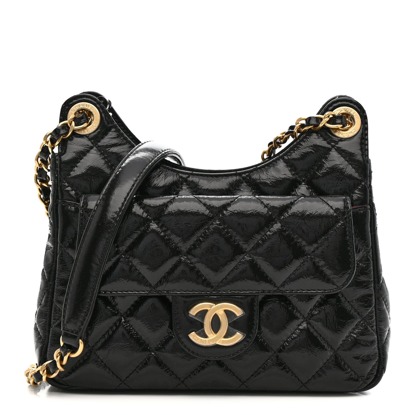 Shiny Crumpled Calfskin Quilted Small Wavy CC Hobo Black