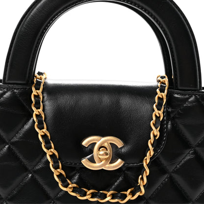 Shiny Aged Calfskin Quilted Nano Kelly Shopper Black
