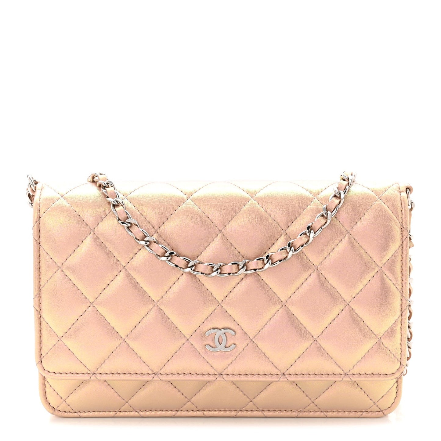 Iridescent Calfskin Quilted Wallet On Chain WOC Pink