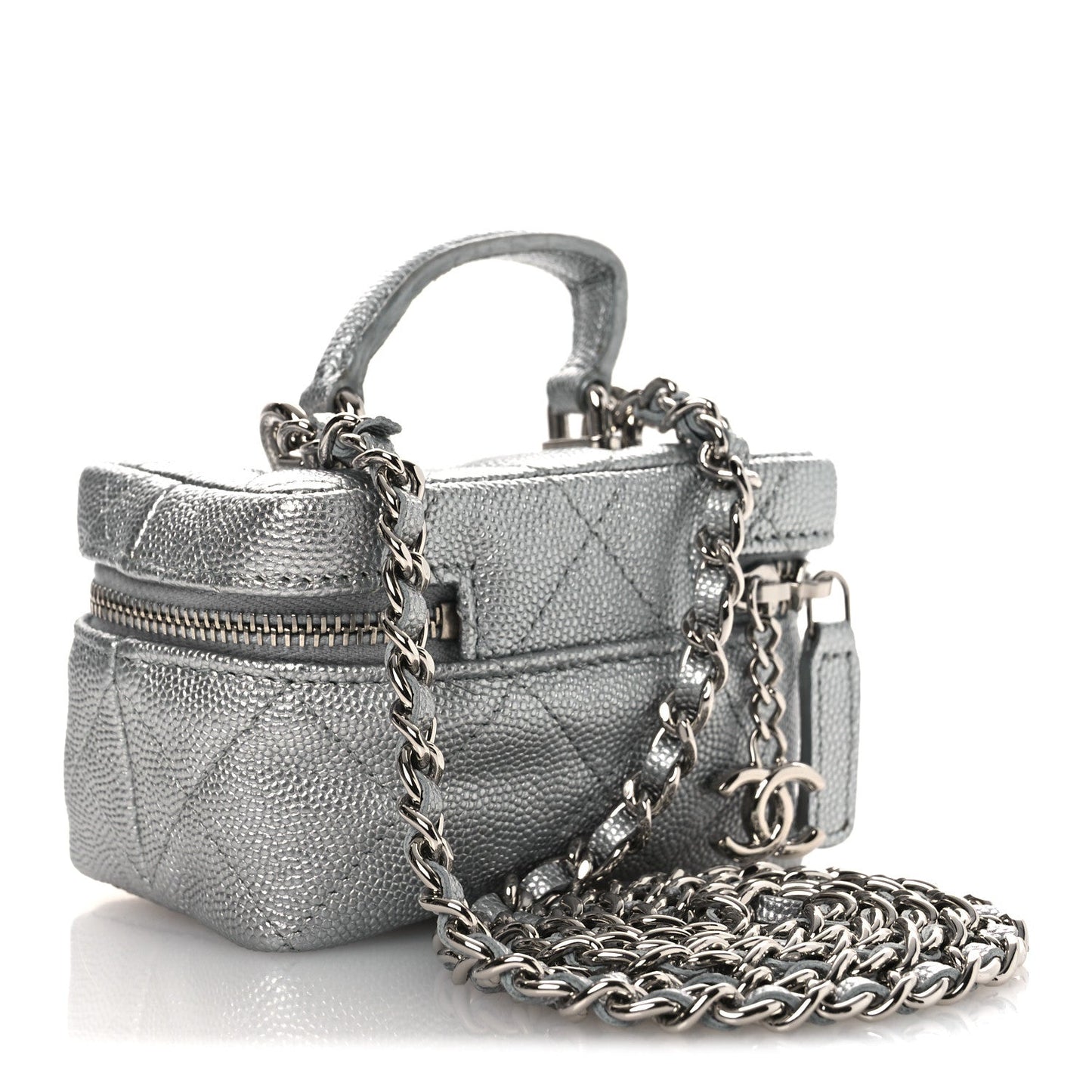 Metallic Caviar Quilted Mini Top Handle Vanity With Chain Silver