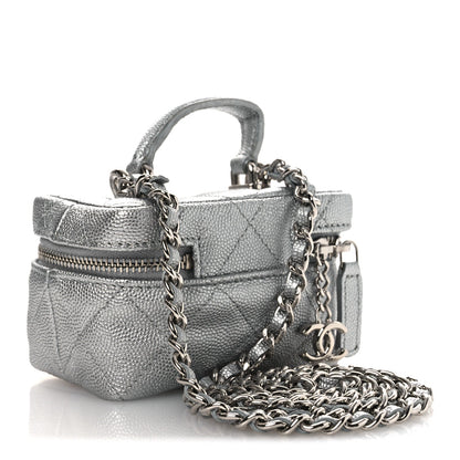 Metallic Caviar Quilted Mini Top Handle Vanity With Chain Silver