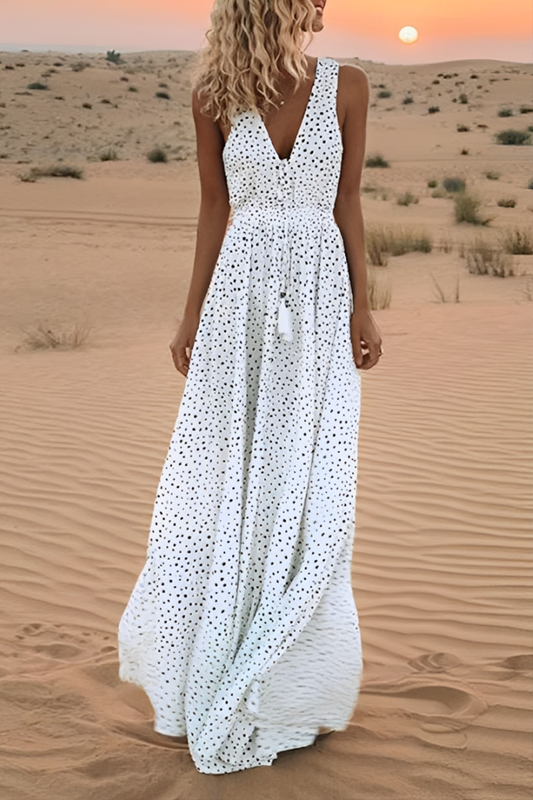 V Neck Dot Printed Floor Length Dress(3 Colors)