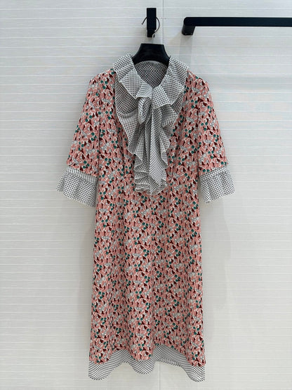 Prada Lace Half-sleeved Dress Pink mix colors Polyester