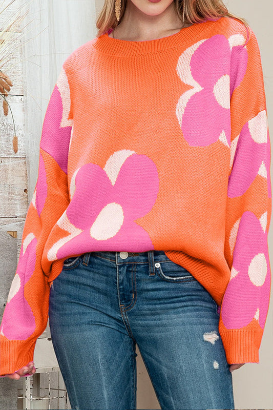 Suéter de punto con cable floral rosa y naranja