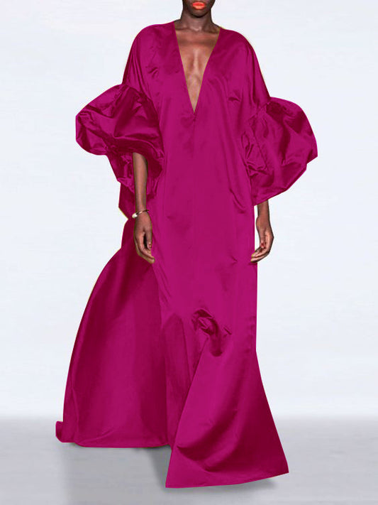 Loose Puff Sleeves Solid Color V-Neck Maxi Dresses