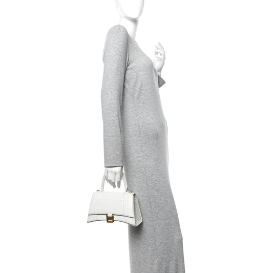 Calfskin Crocodile Embossed Small Hourglass Top Handle Bag White