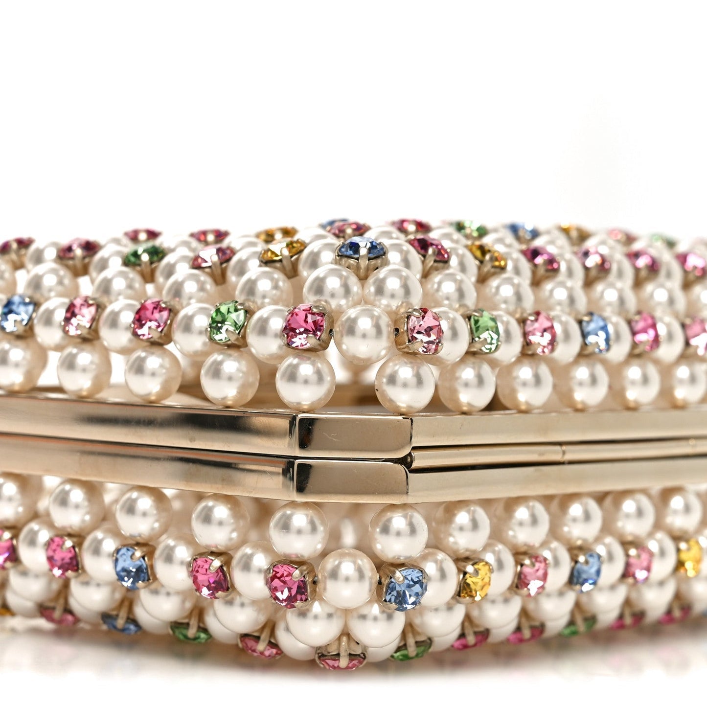 Metal Pearl Minaudiere CC Evening Bag White Gold Multicolor