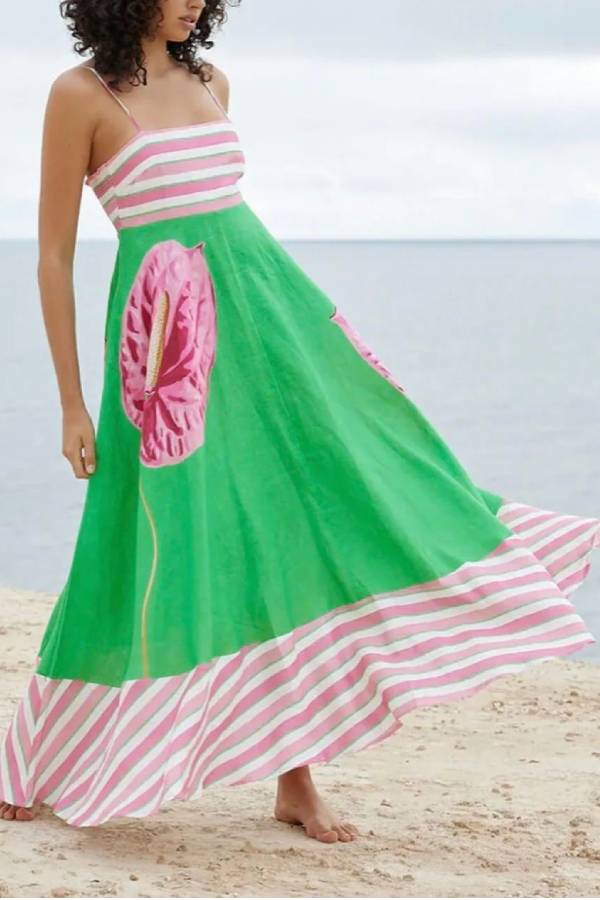 Vestido largo camisola con estampado floral y rayas sin espalda