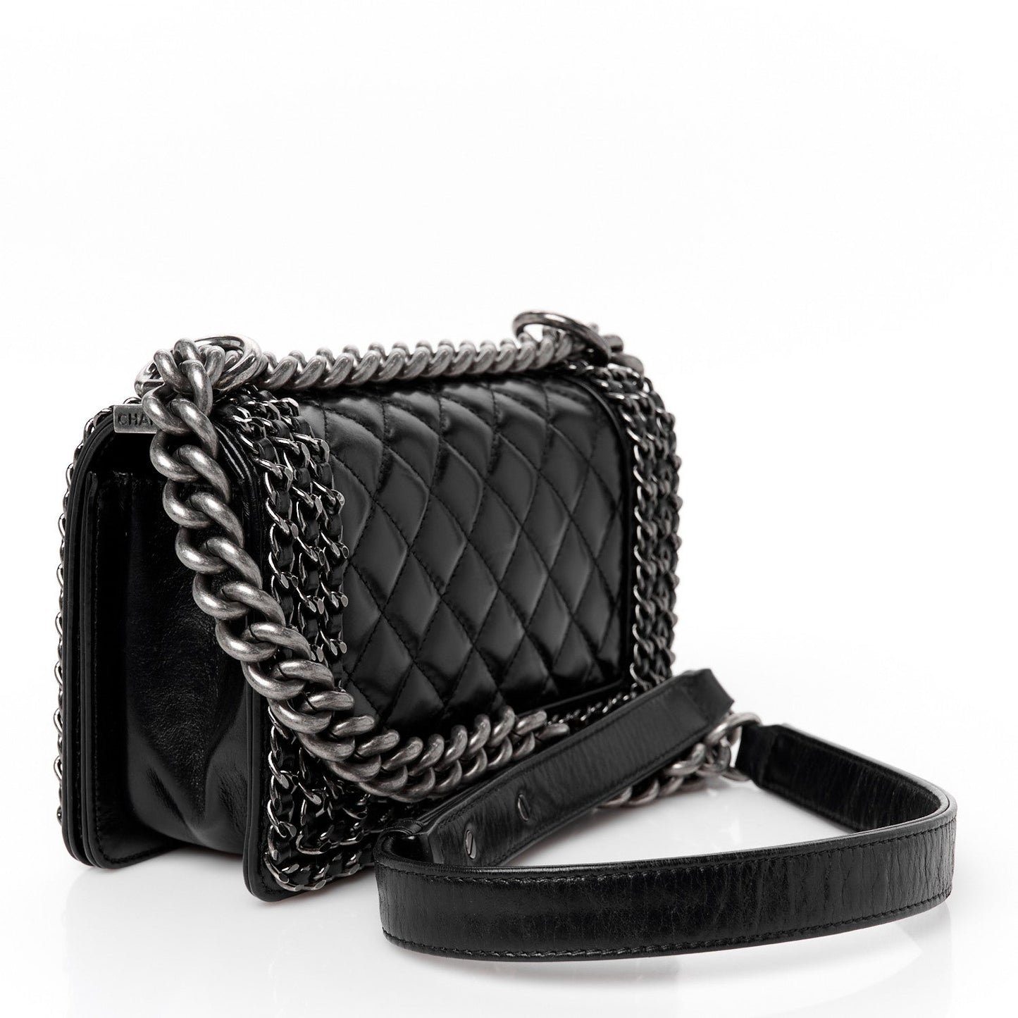 Glazed Calfskin Quilted Small Boy Chained Flap Black