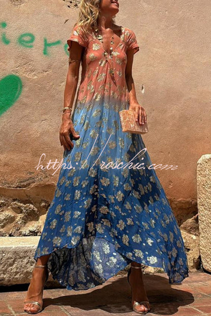 Evaluna Tie Dye Gradient Golden Flower Print Short Sleeve A-line Maxi Dress