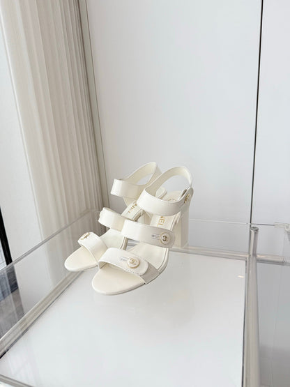 Chanel 26 Turnlock 80 White Sandal Heels in Lambskin 597406