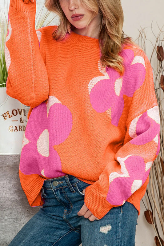 Suéter de punto con cable floral rosa y naranja