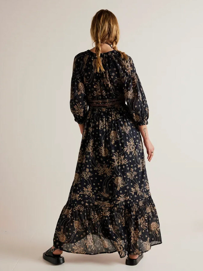 A-Line Flowy Dress Printed V-Neck Puff Sleeves Casual Summer Maxi Dresses