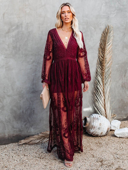 Maxi Dress V-Neck Half Sleeves Lace Bohemian Long Dress
