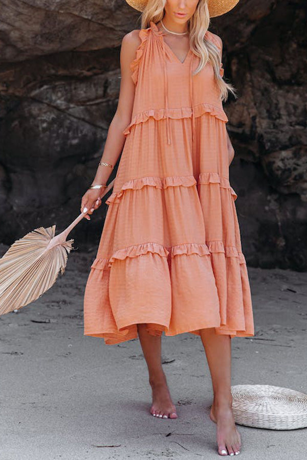VESTIDO MIDI ESCALONADO CON BOLSILLOS DE MEZCLA DE ALGODÓN