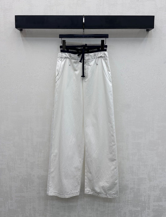 CC Drawstring Webbing Trousers White Cotton Tencel 350186