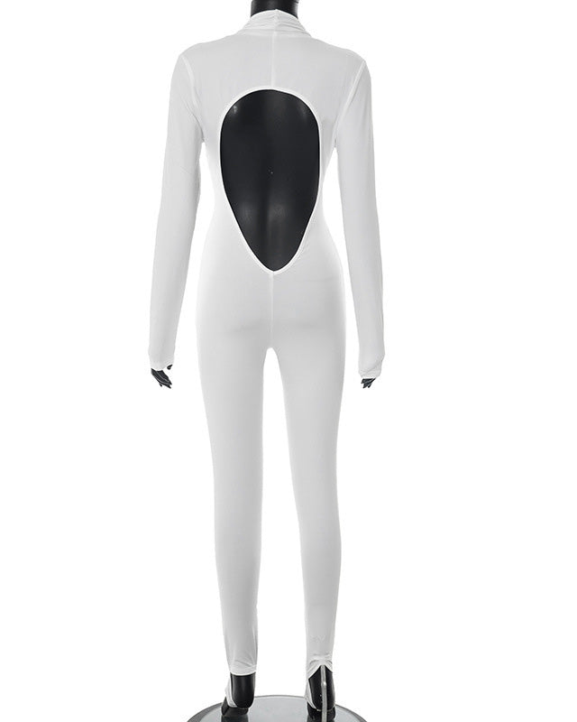 Deep V Long-Sleeved Open-Back Tights Jumpsuit