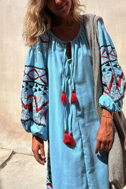 Falda larga con cuello en V azul, estilo étnico, estampado retro