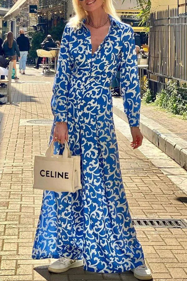 Vestido camisero largo de manga larga con bolsillo y botones de solapa y estampado étnico 