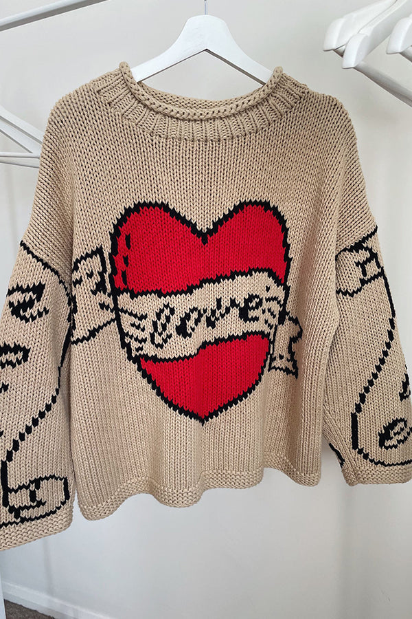 Suéter suelto de punto con patrón de amor creativo "El amor es un regalo"