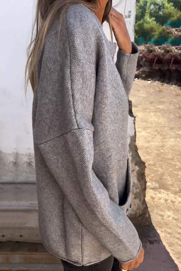 Chaqueta de punto informal de color liso con cuello redondo, manga larga y bolsillo con cremallera