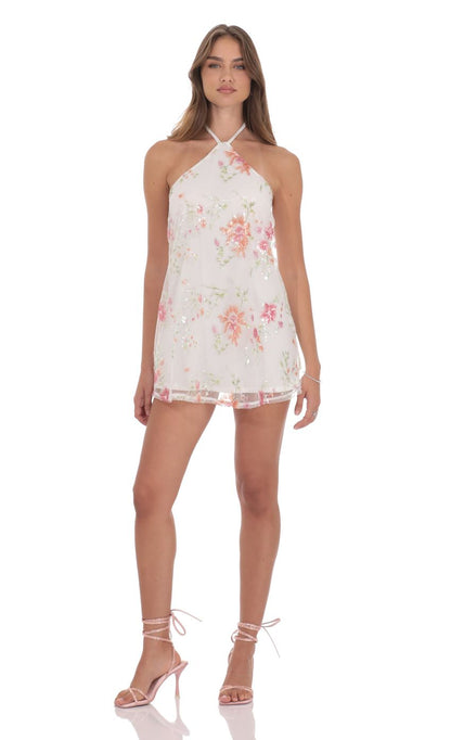 Floral Sequin Halter Shift Dress in White