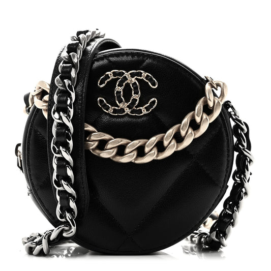 Shiny Goatskin Quilted Chanel 19 Round Clutch With Chain Black