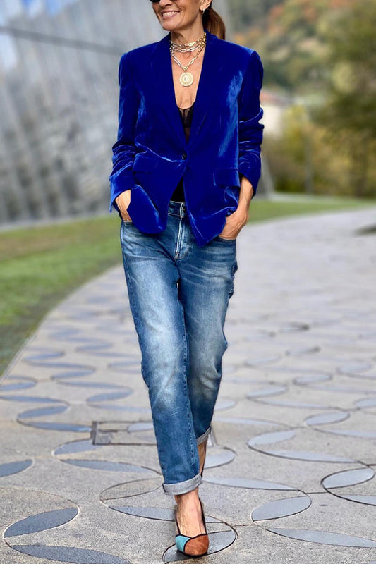 Blazer de solapa de terciopelo azul dorado