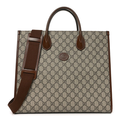 GG Supreme Monogram Azalea Calfskin Medium Retro Interlocking G Tote Bag Beige Ebony Brown Sugar