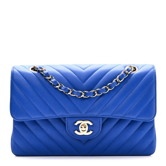 Caviar Chevron Quilted Small Double Flap Blue