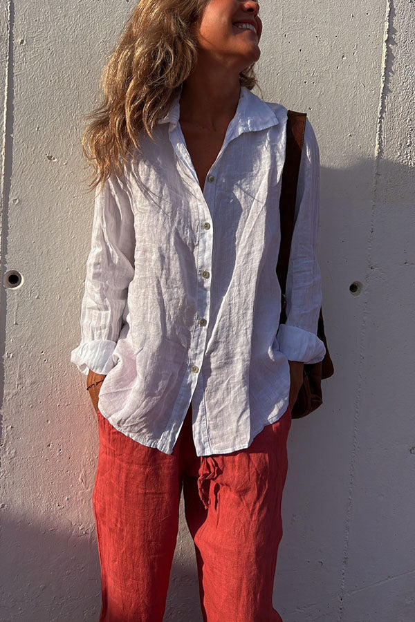 Blusa informal con botones de mezcla de lino Problem Solved