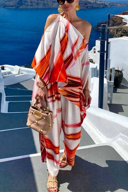 Conjunto de top de un hombro con mangas holgadas con abertura y pantalón con cintura elástica de satén estampado Island Girl