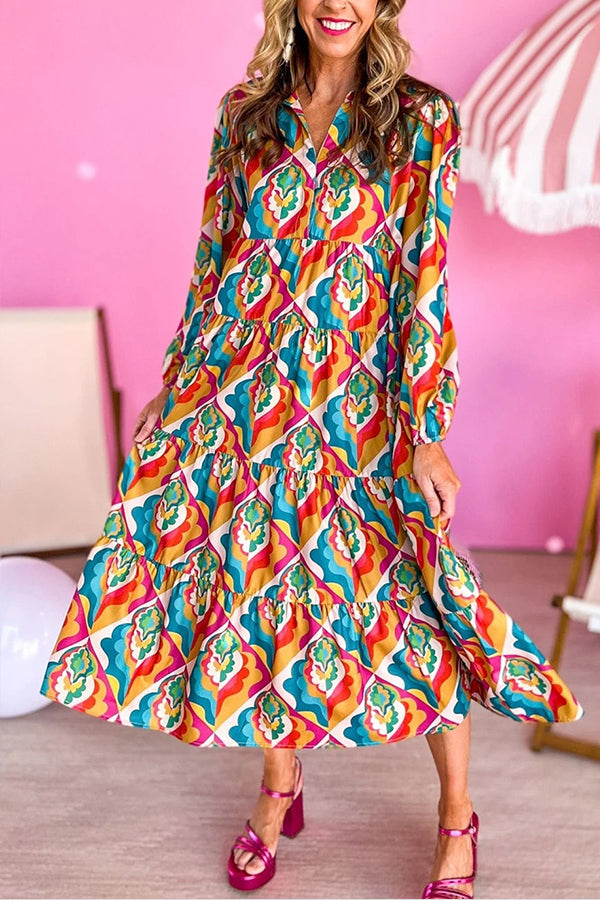 Vestido bohemio con cuello con muescas y estampado geométrico abstracto multicolor