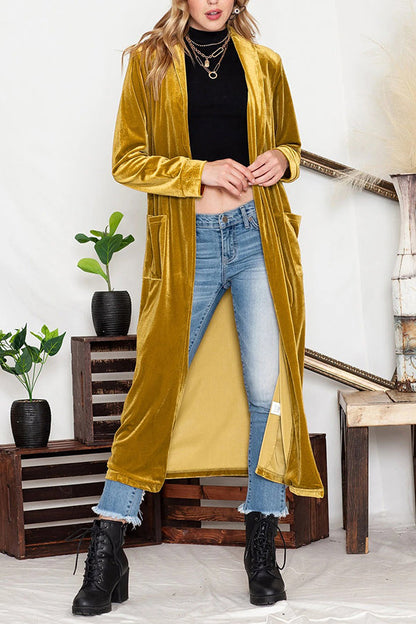 Cárdigan largo elegante de terciopelo amarillo con bolsillo frontal abierto