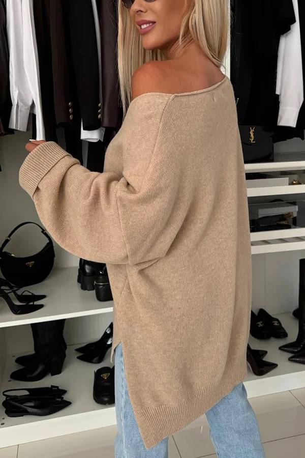 Suéter holgado irregular de manga larga con cuello en V y color liso para clima frío 